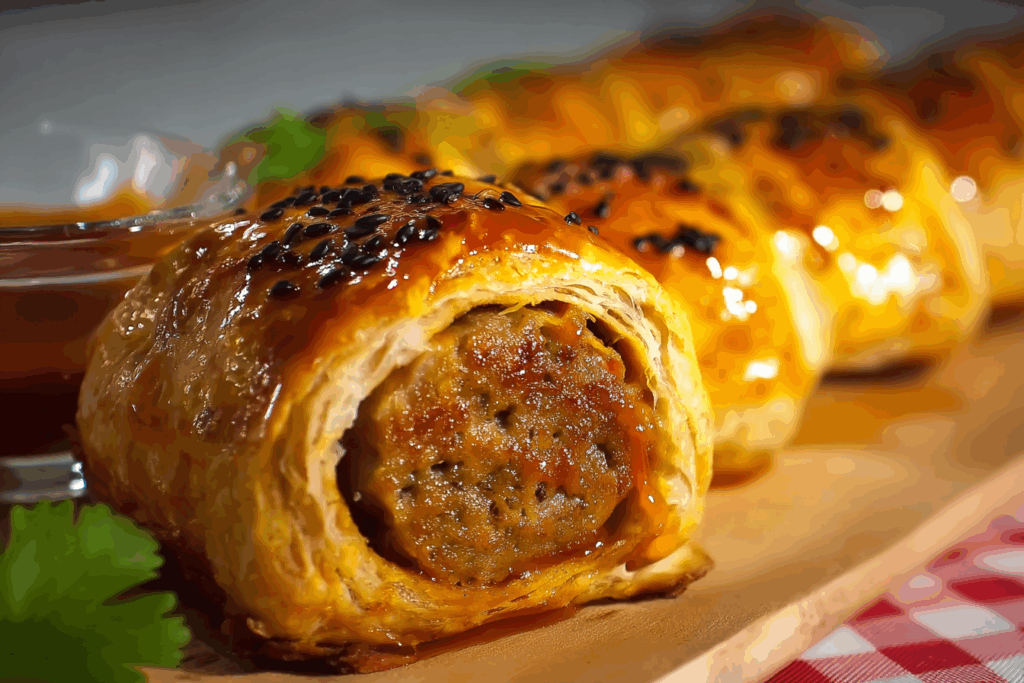 Thai Red Curry Sausage Roll fresh from oven with sesame seeds