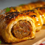 Thai Red Curry Sausage Roll fresh from oven with sesame seeds