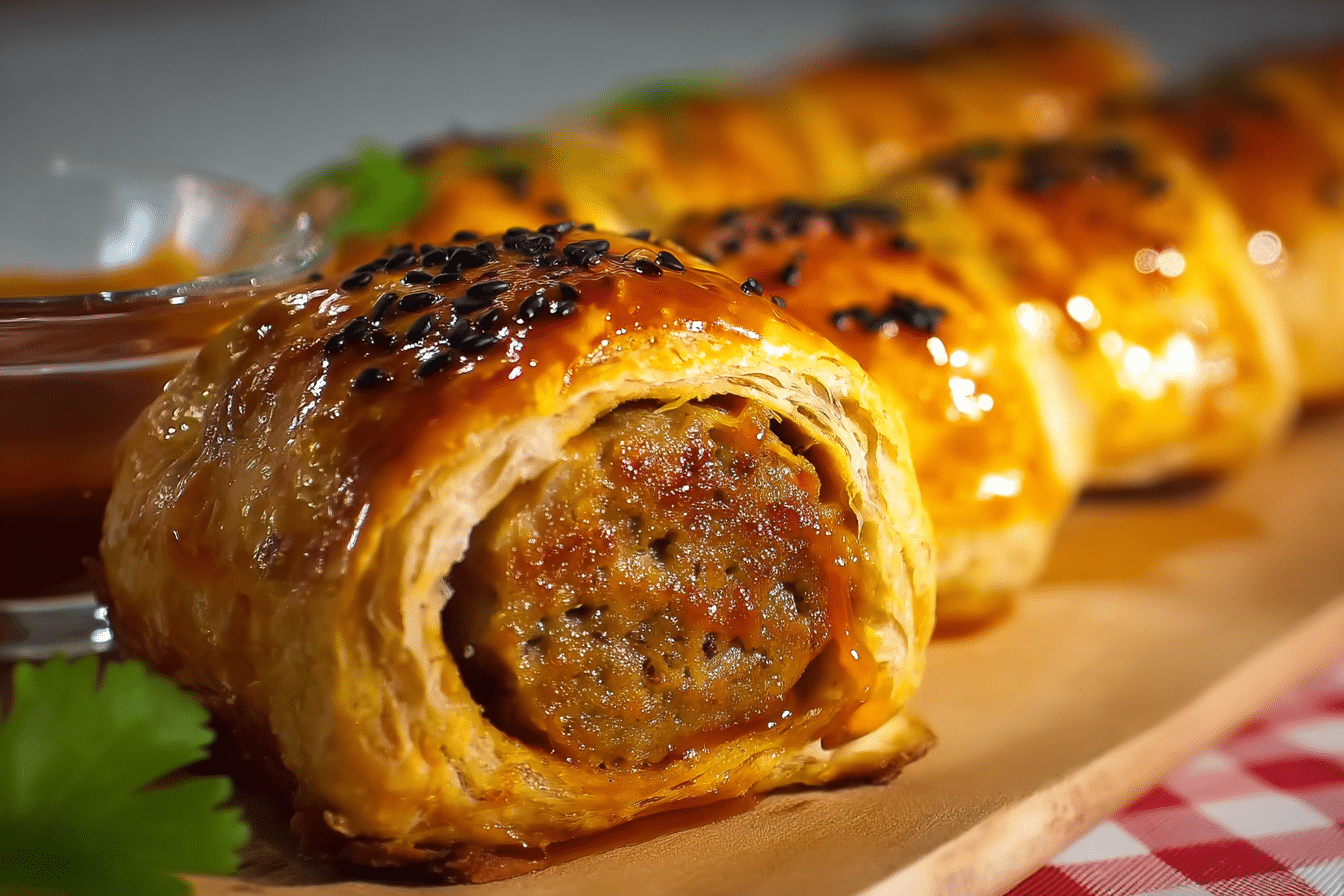 Thai Red Curry Sausage Roll fresh from oven with sesame seeds