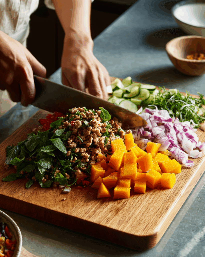 Chicken larb gai in bowl with fresh herbs