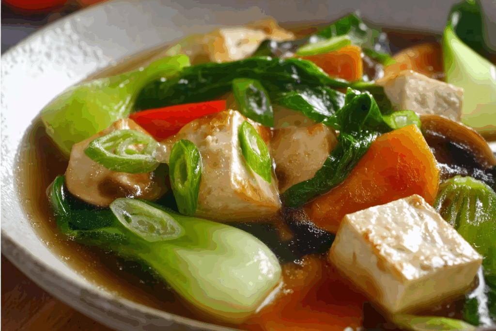 Clear Soup with Tofu and Vegetables served hot in a bowl