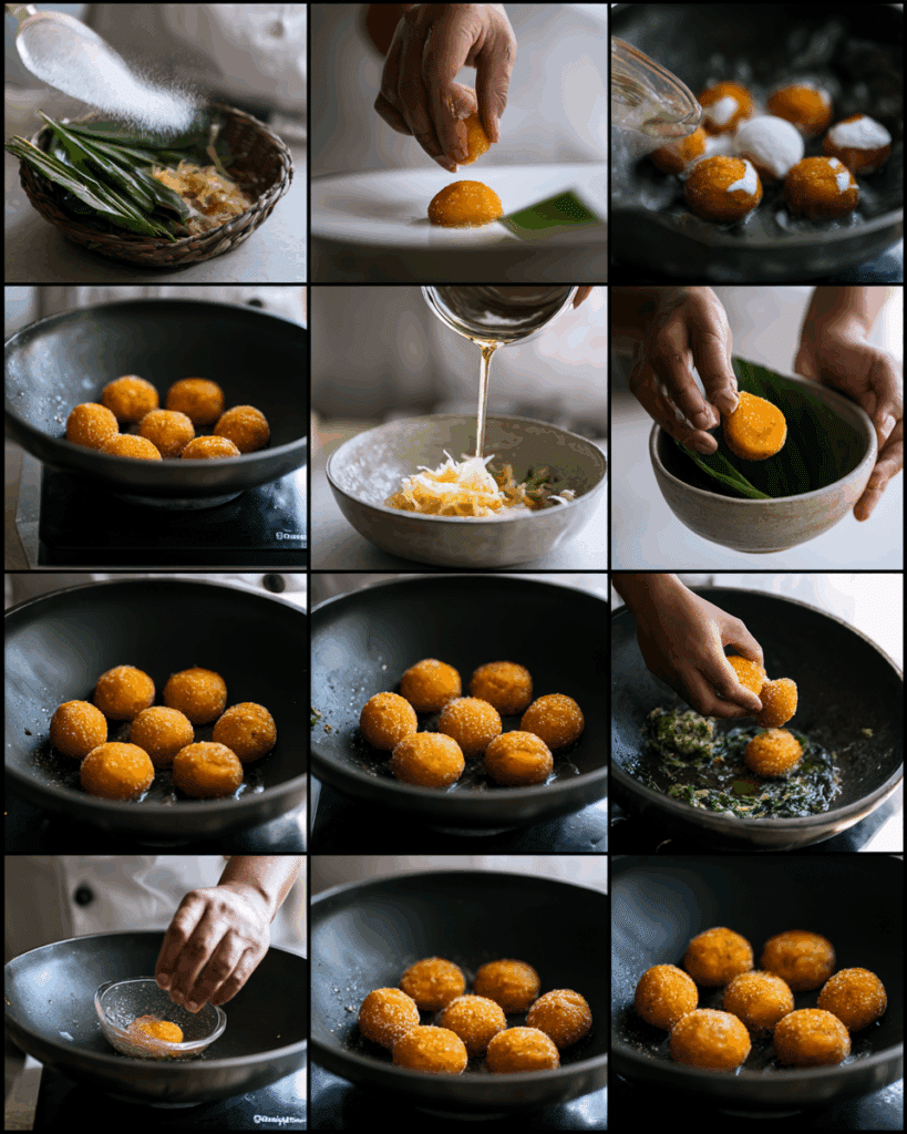 Mixing tapioca flour and sweet potato for dough.