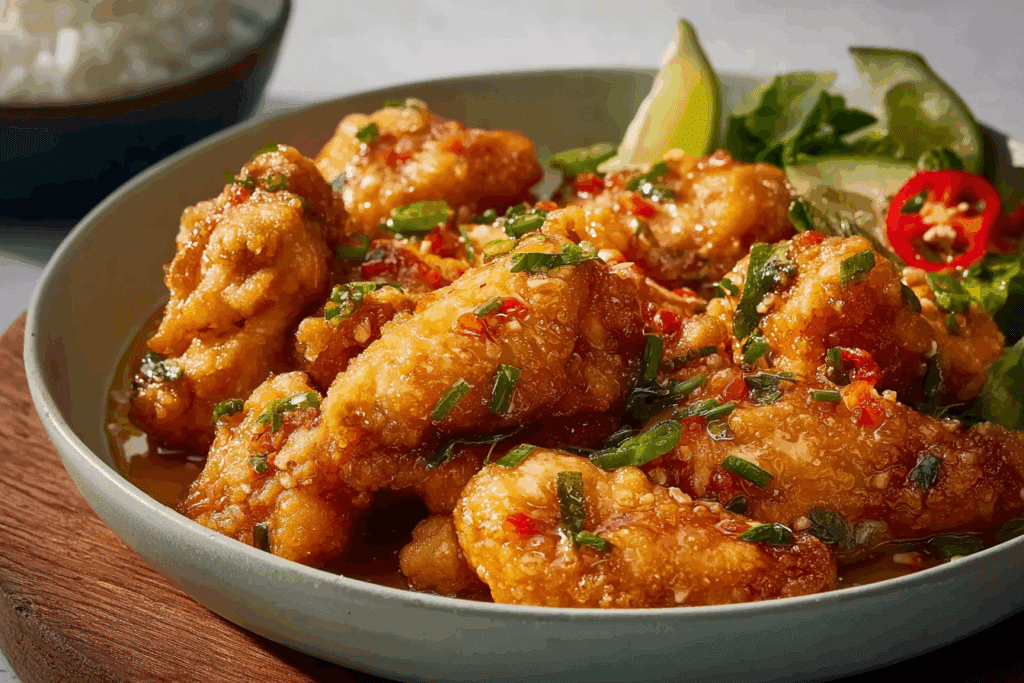 Bang Bang Style Thai Chicken served on cucumber with sesame garnish