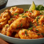 Bang Bang Style Thai Chicken served on cucumber with sesame garnish