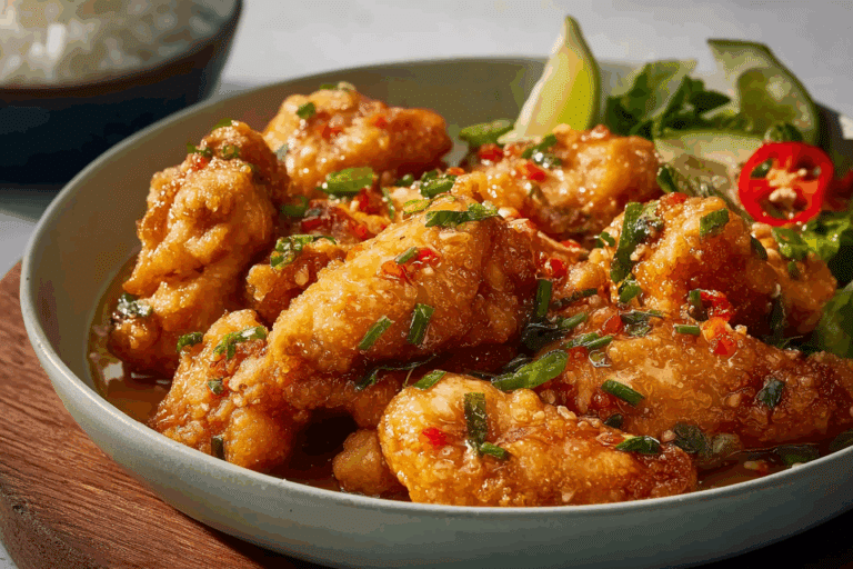 Bang Bang Style Thai Chicken served on cucumber with sesame garnish