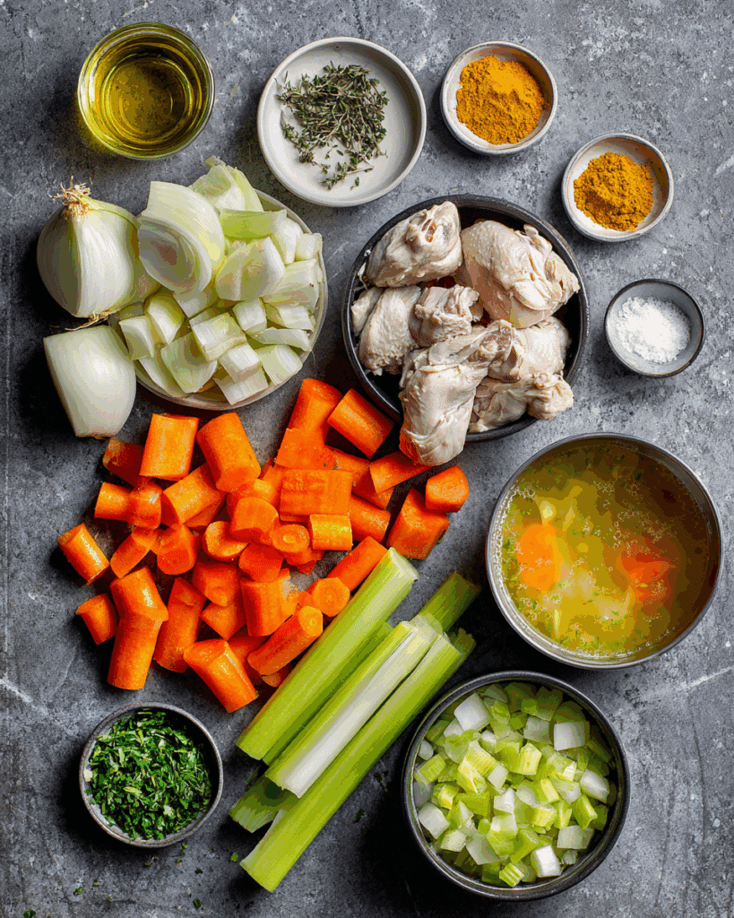 Fresh ingredients for Turmeric Chicken Soup on wooden board