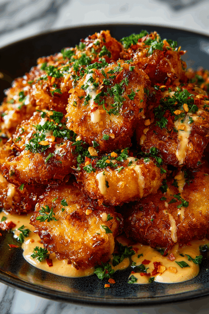 Bang Bang Style Thai Chicken served on cucumber with sesame garnish