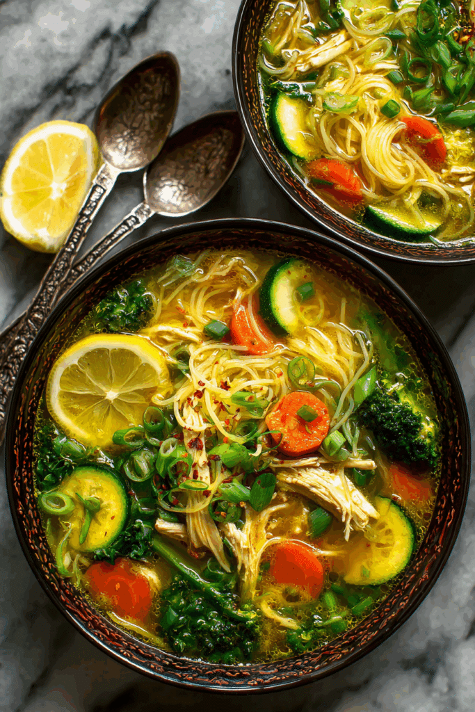 Turmeric Chicken Soup with golden broth and fresh herbs