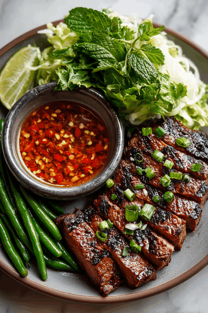 Crying Tiger Beef served with sticky rice and dipping sauce.