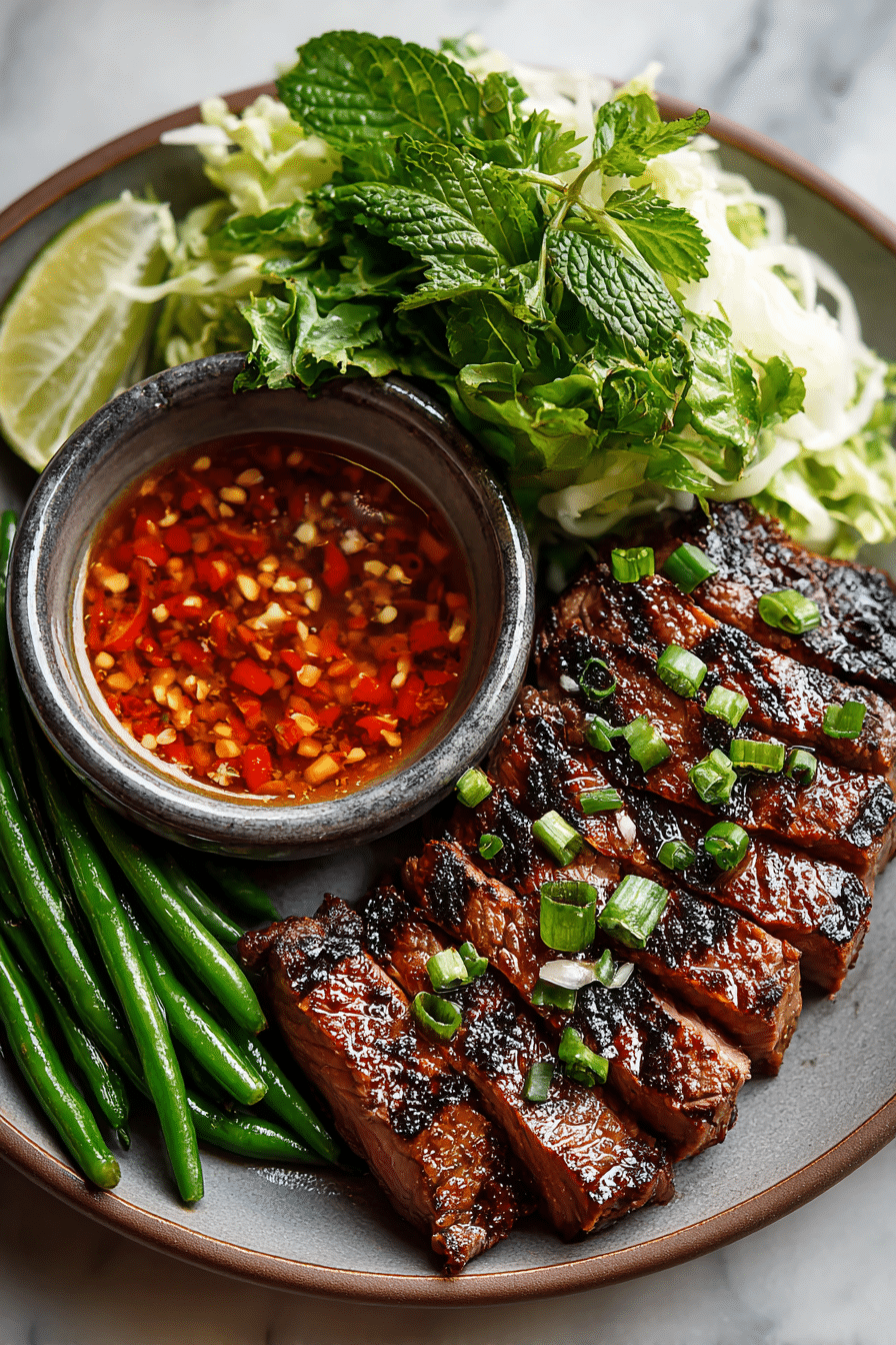 Crying Tiger Beef served with sticky rice and dipping sauce.