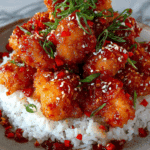 fried chicken in sweet chili lime sauce with kaffir lime garnish