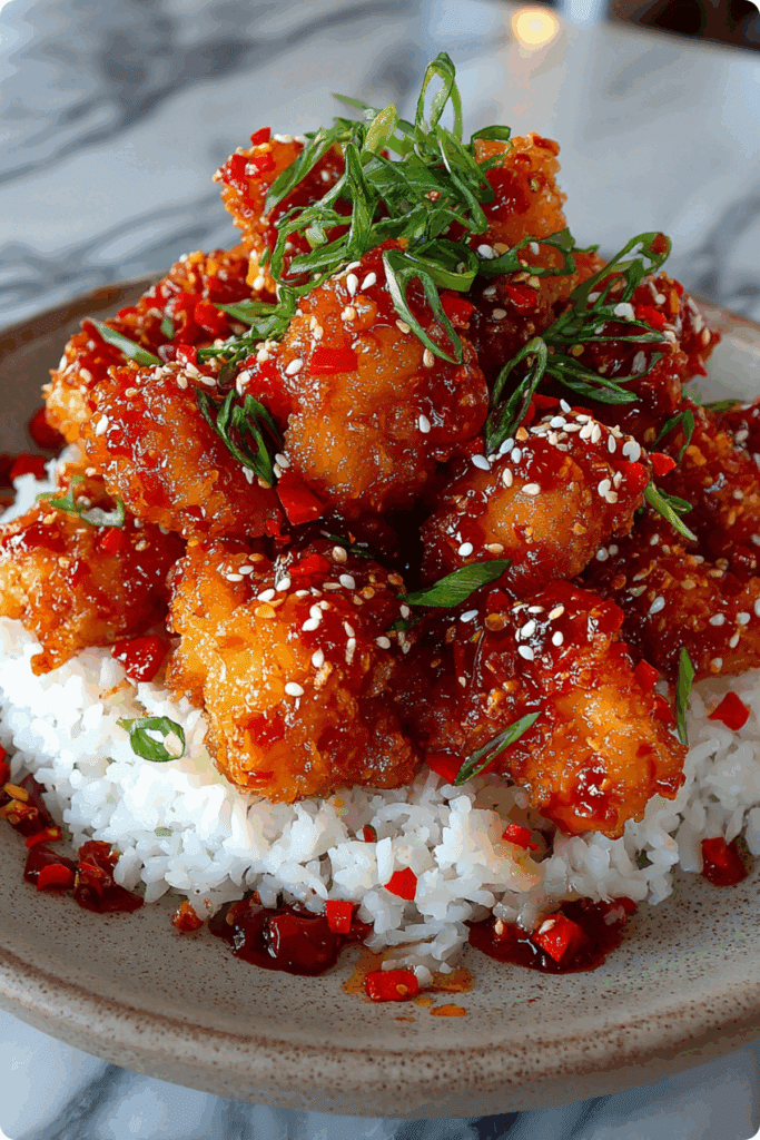 fried chicken in sweet chili lime sauce with kaffir lime garnish