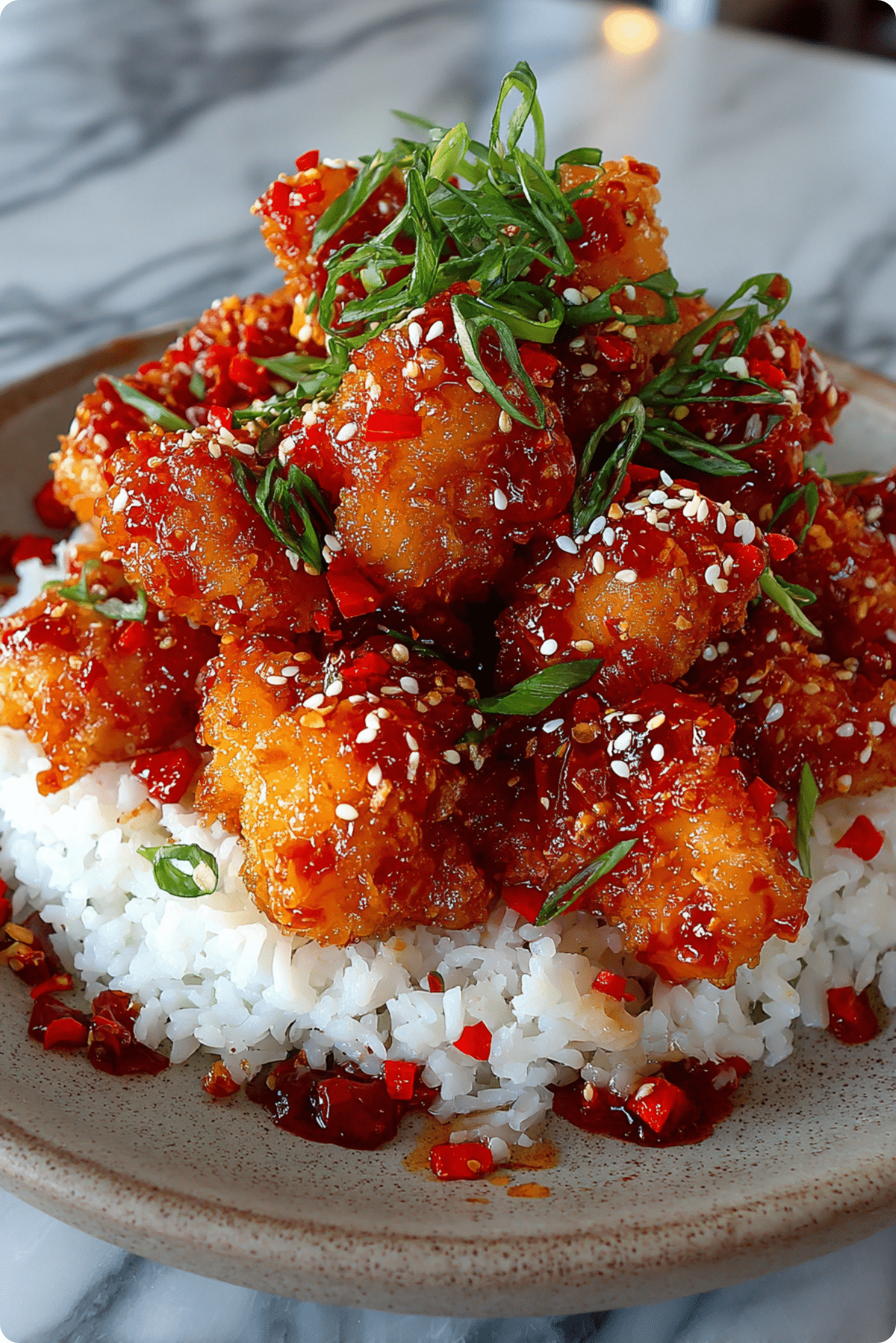 fried chicken in sweet chili lime sauce with kaffir lime garnish