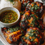 Thai BBQ Chicken on charcoal grill with lime and cilantro