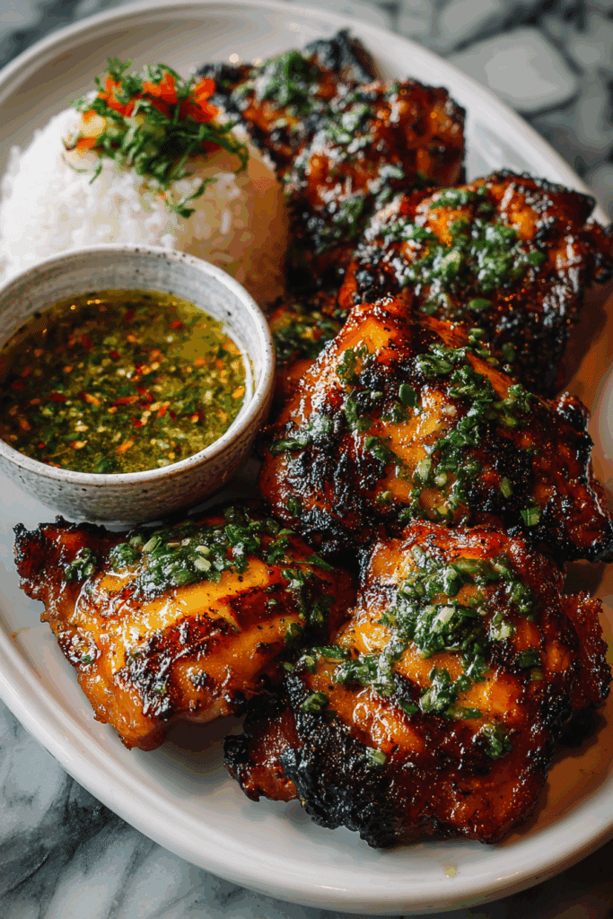 Thai BBQ Chicken on charcoal grill with lime and cilantro