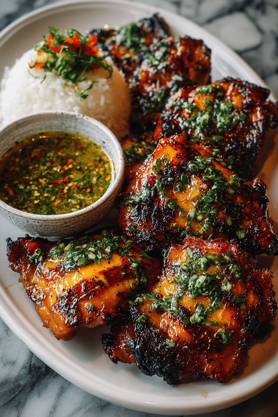 Thai BBQ Chicken on charcoal grill with lime and cilantro
