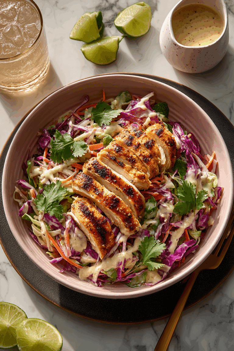 Coconut Lime Chicken and Cabbage Salad with herbs and grilled chicken