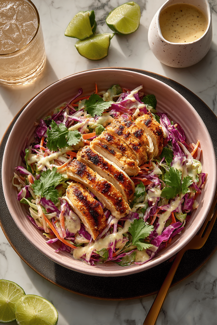 Coconut Lime Chicken and Cabbage Salad with herbs and grilled chicken