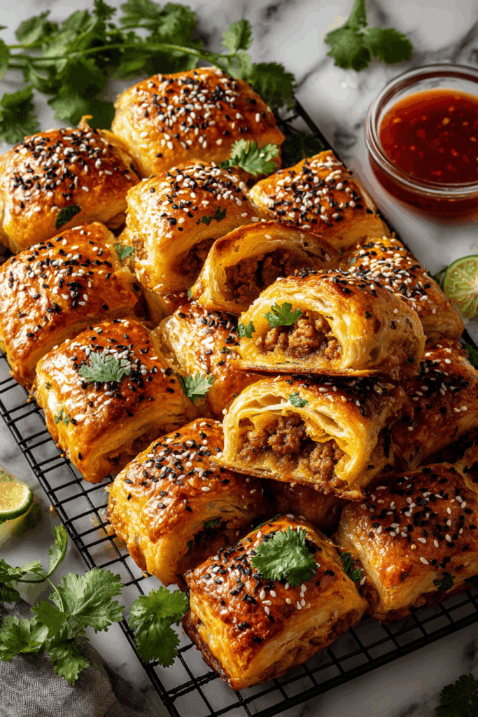 Thai Red Curry Sausage Roll fresh from oven with sesame seeds