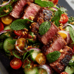 Thai Beef Salad close-up with herbs and dressing