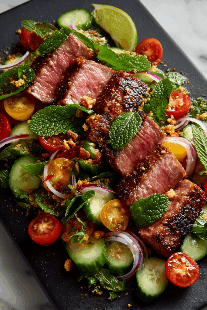 Thai Beef Salad close-up with herbs and dressing