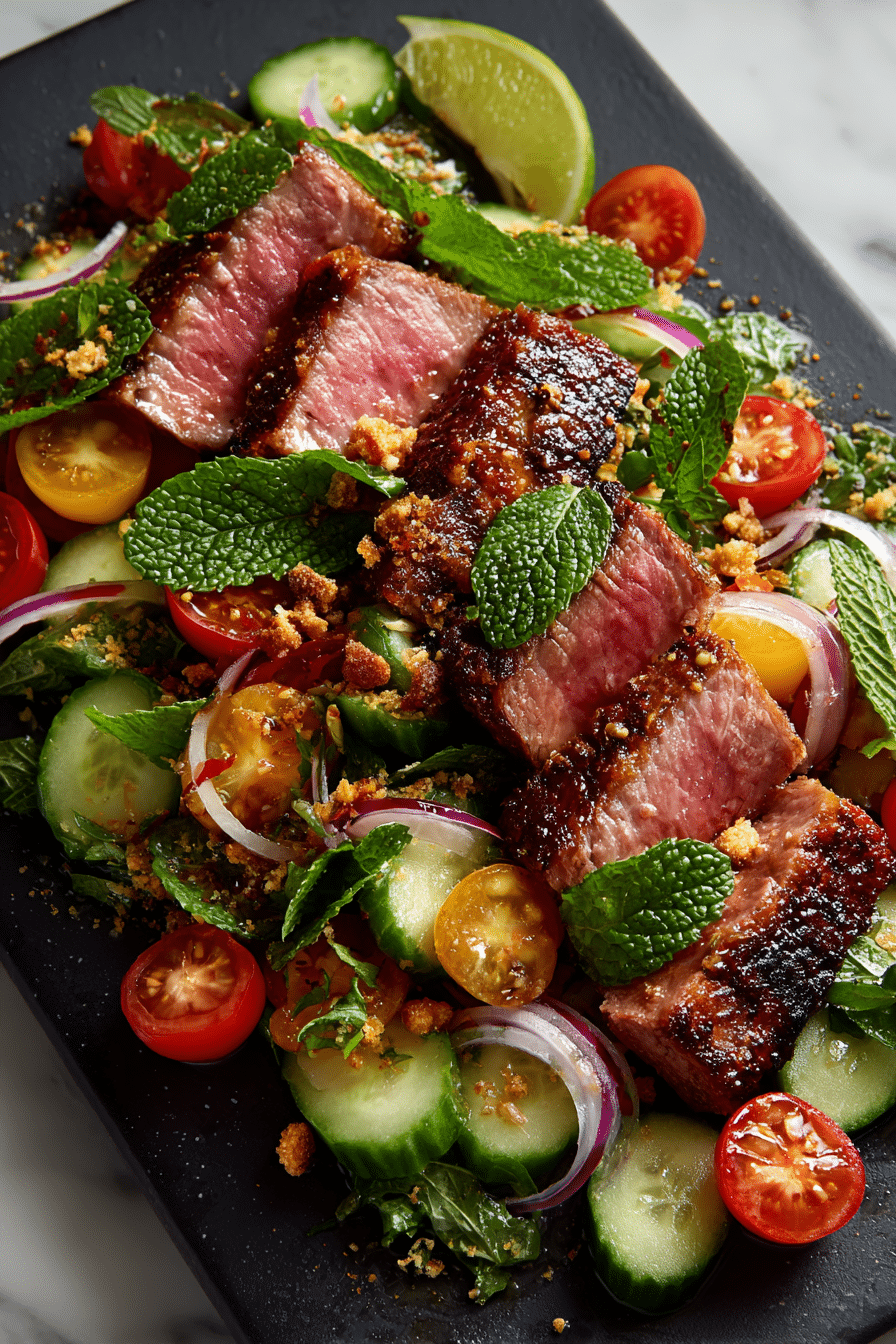 Thai Beef Salad close-up with herbs and dressing