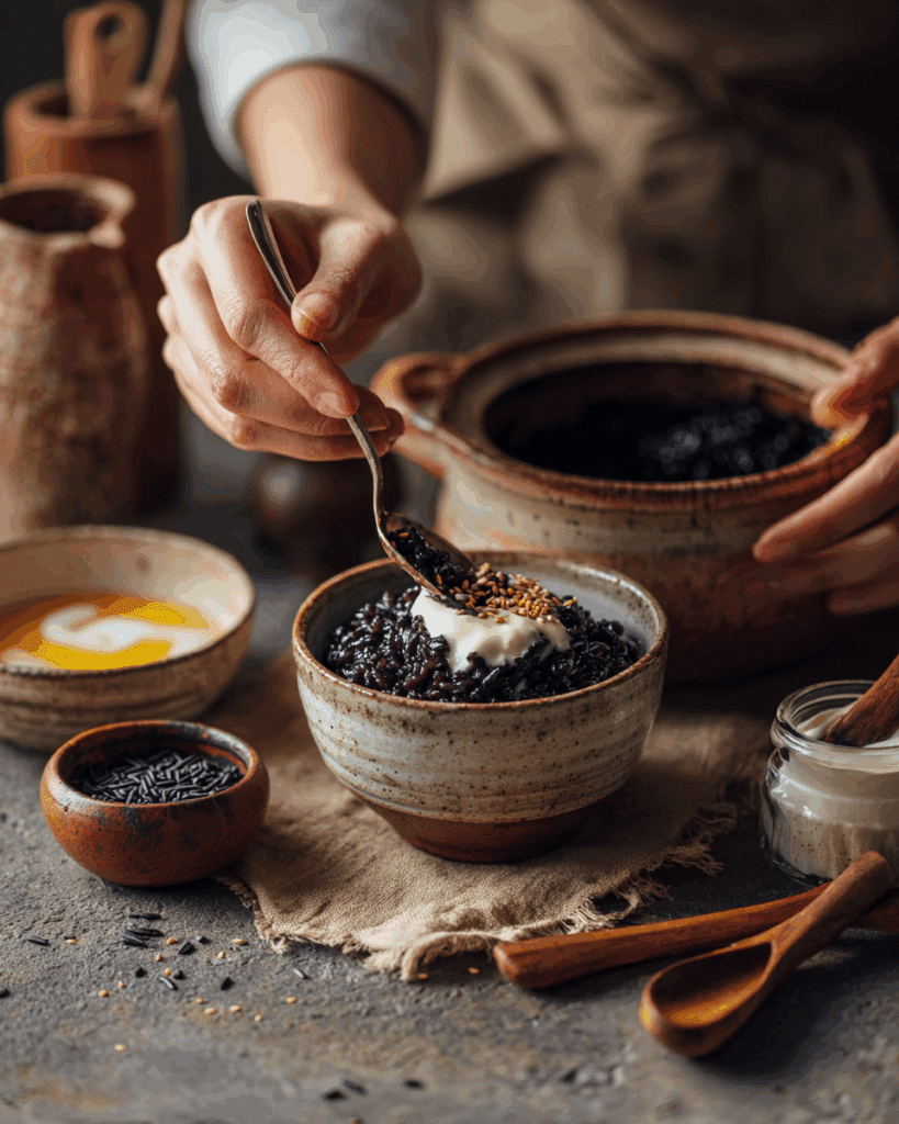 Chilled Thai Black Sticky Rice Pudding with coconut topping