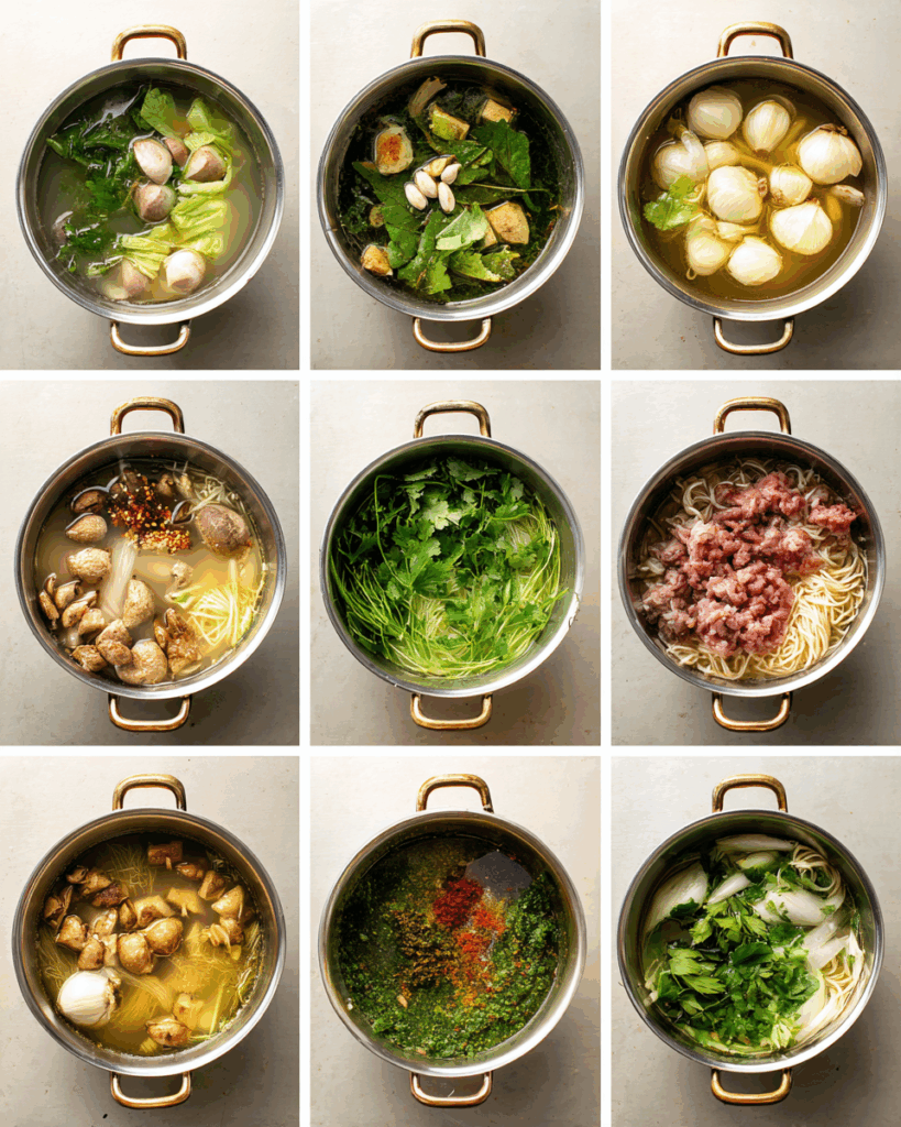 Cooking Thai Tom Yum Noodle Soup with spices and lime.