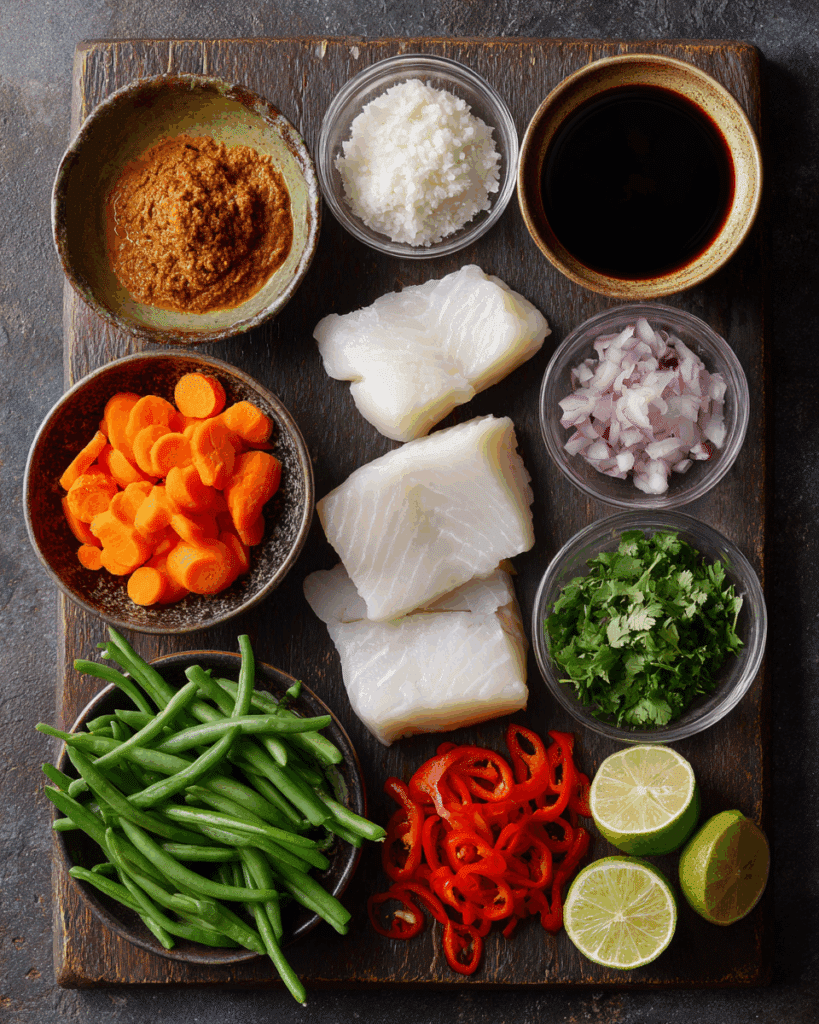 White fish marinated with Thai curry paste