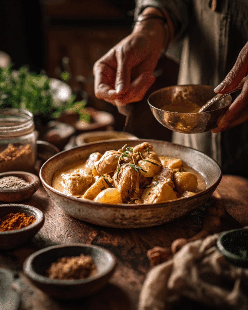 plated massaman chicken curry with rice