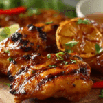 Thai BBQ Chicken on charcoal grill with lime and cilantro