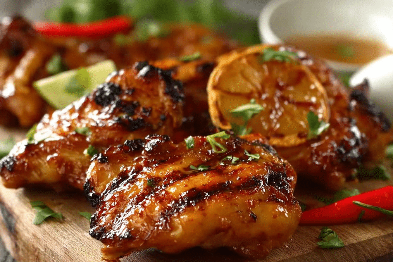 Thai BBQ Chicken on charcoal grill with lime and cilantro