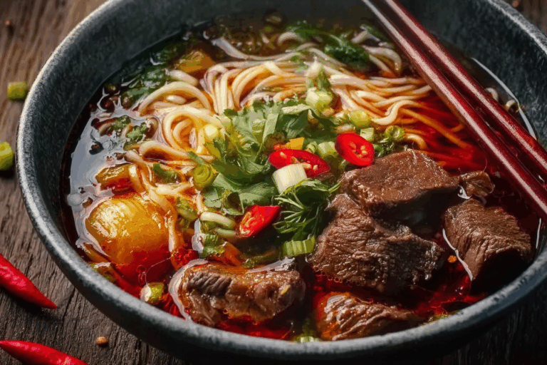 Thai Beef Noodle Soup with fresh herbs and tender beef