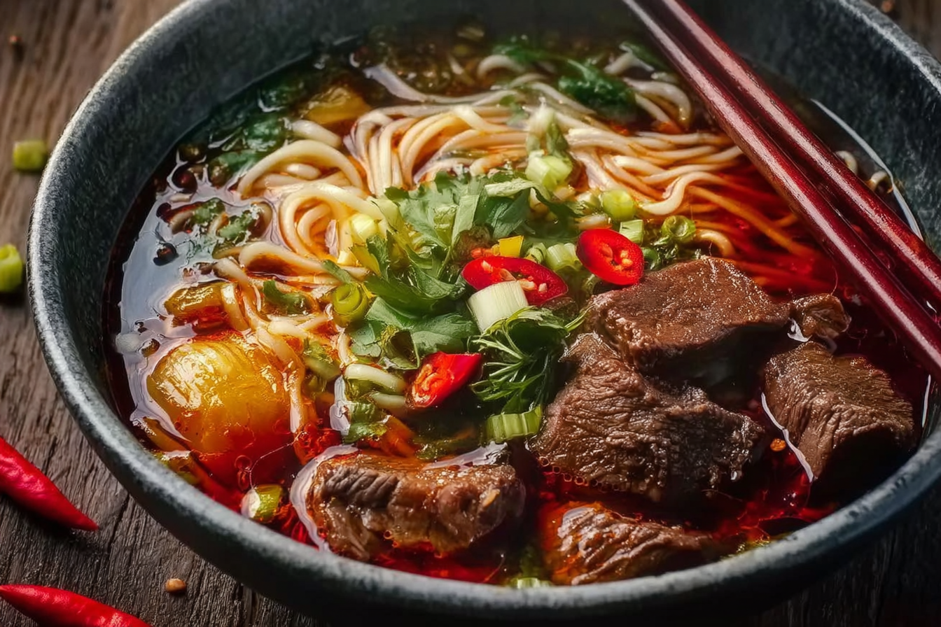 Thai Beef Noodle Soup with fresh herbs and tender beef