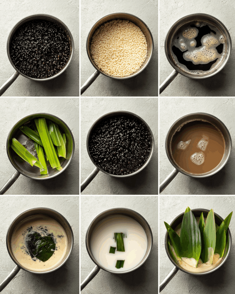 Simmering Thai Black Sticky Rice Pudding with pandan leaves