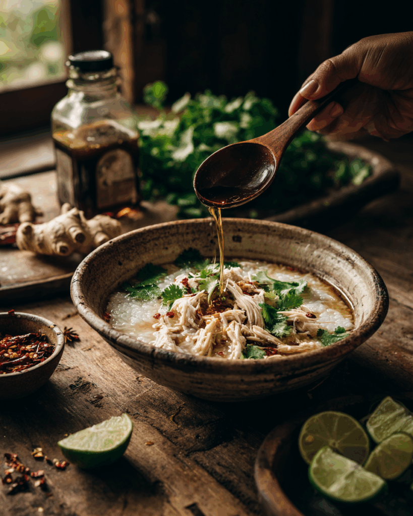 Thai Breakfast Rice Soup with traditional condiments