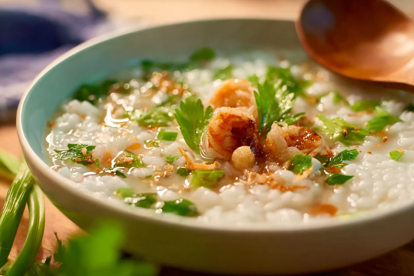 Thai Breakfast Rice Soup with shrimp and herbs close-up