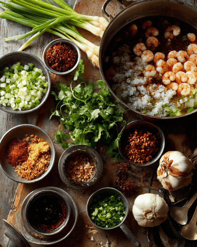 Variations of Thai Breakfast Rice Soup vegetarian chicken shrimp