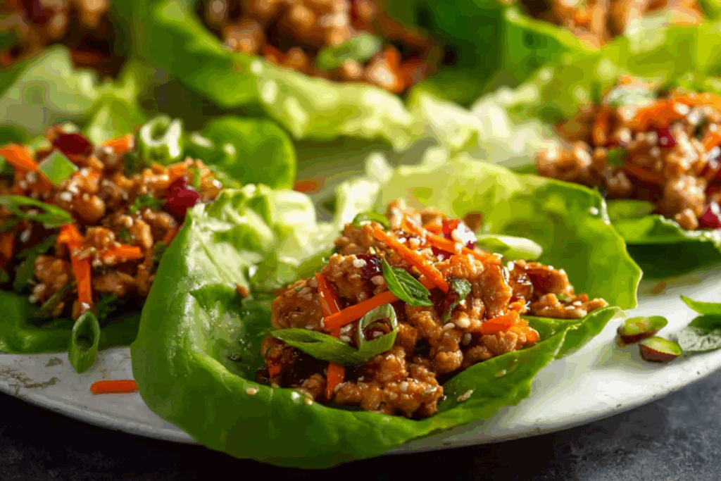 Thai Chicken Lettuce Wraps served fresh with sesame seeds and lime.