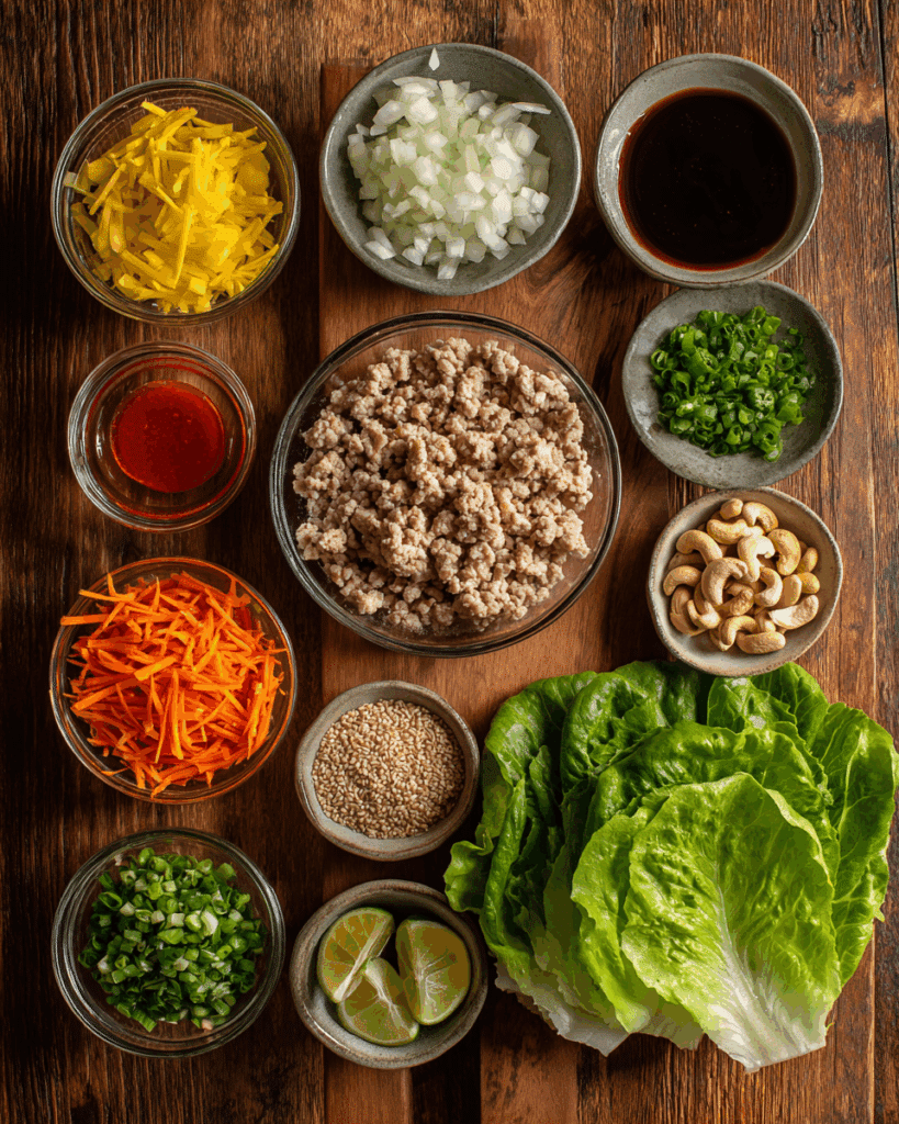 Ingredients for Thai Chicken Lettuce Wraps prepared on a kitchen counter.