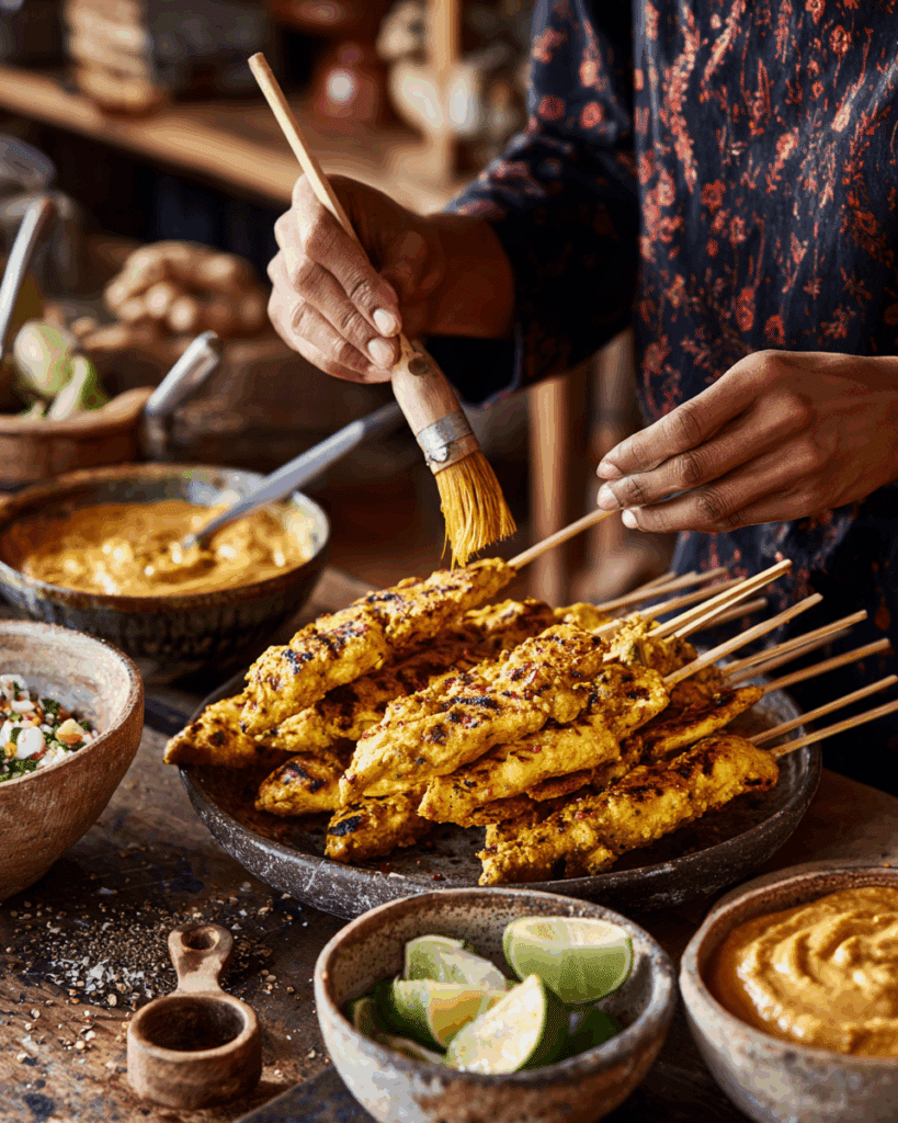 Platter of Thai chicken satay with dipping sauce and rice