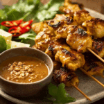 Thai Chicken Satay with Peanut Sauce served with lime wedges