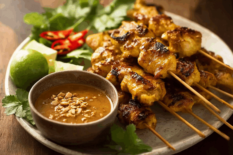 Thai Chicken Satay with Peanut Sauce served with lime wedges