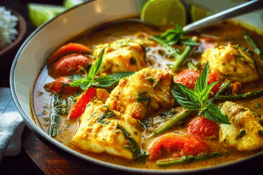 Thai fish curry served with vegetables and coconut sauce
