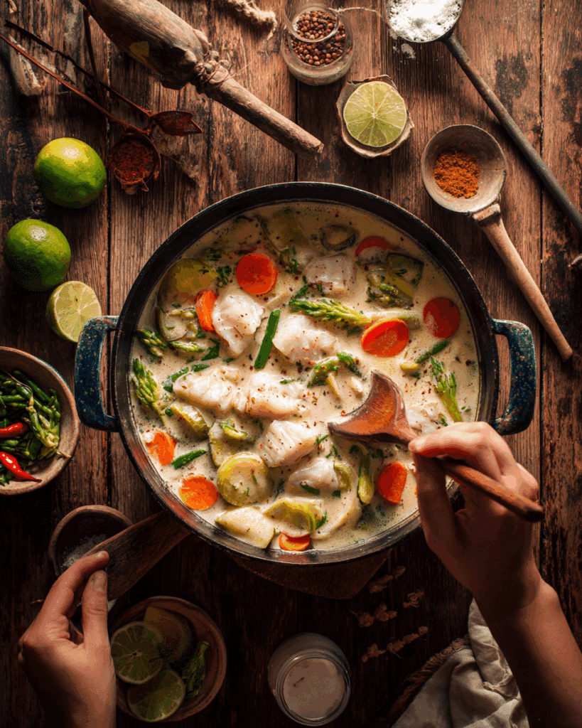 Thai fish curry served with jasmine rice and lime wedges