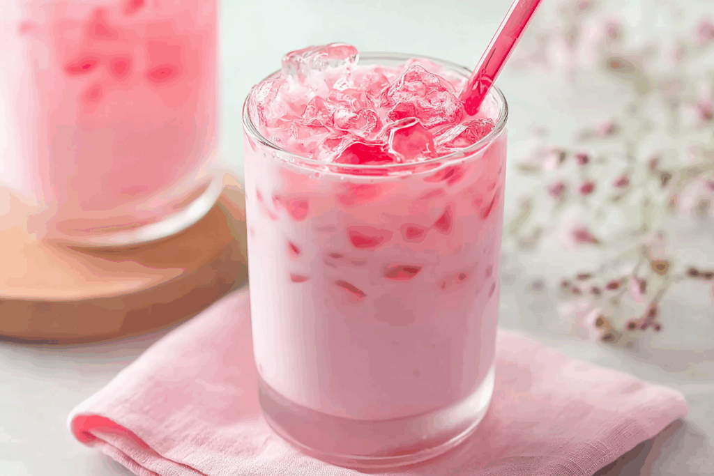 Thai pink milk drink in clear glass with crushed ice and evaporated milk