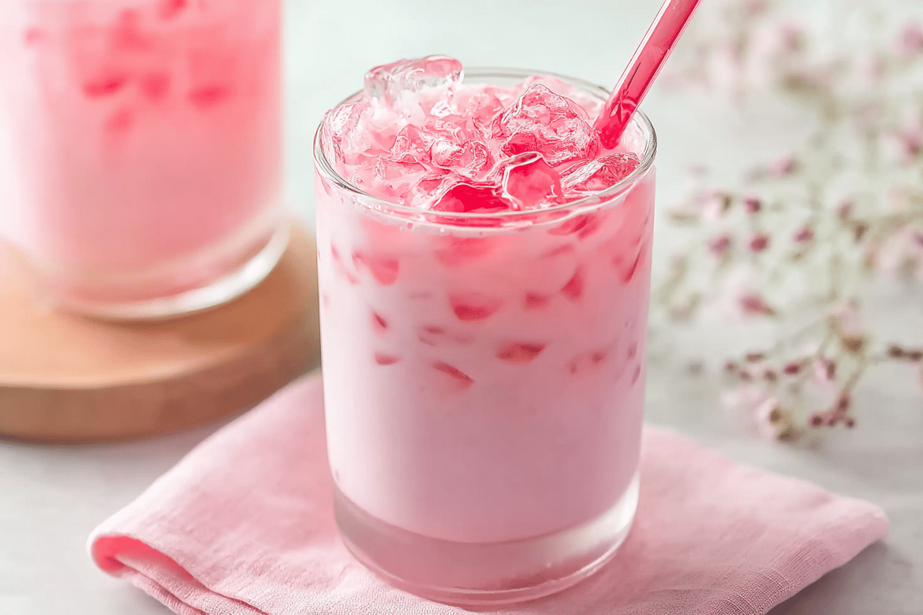 Thai pink milk drink in clear glass with crushed ice and evaporated milk