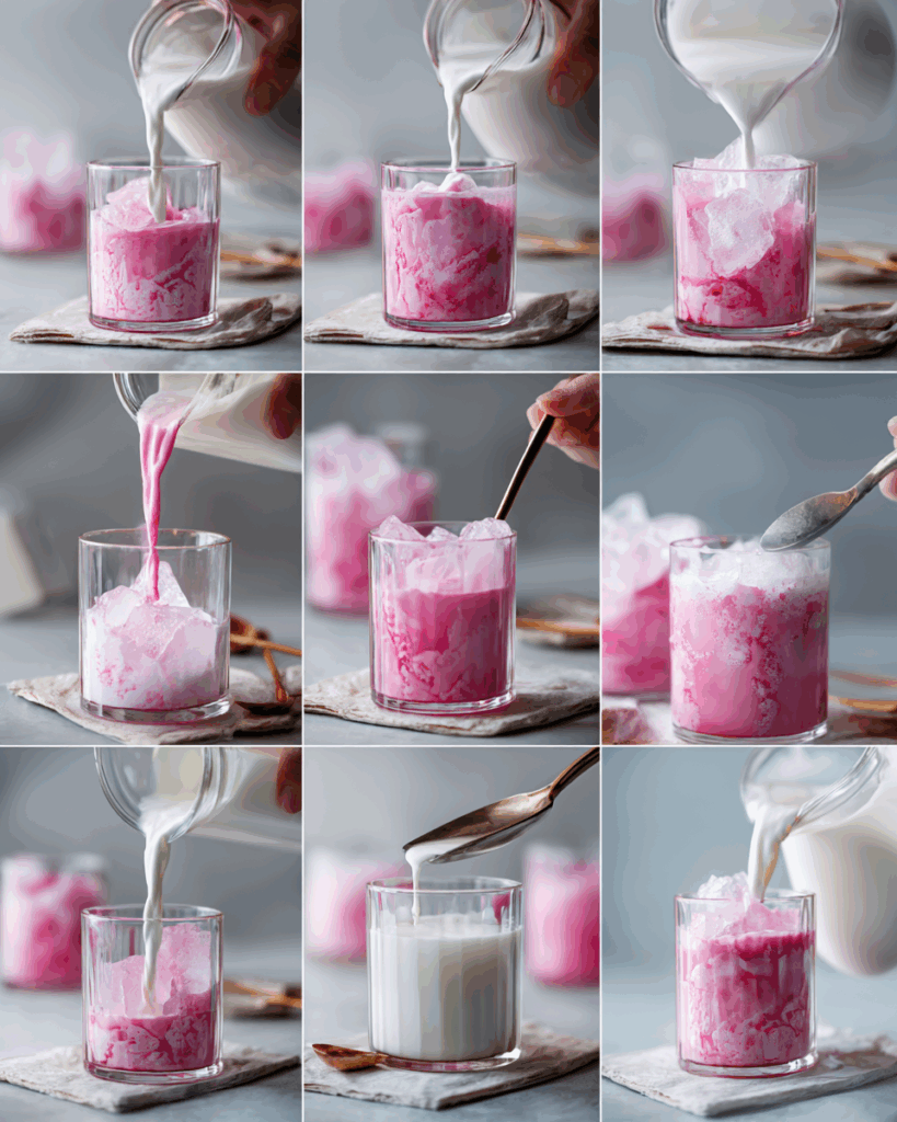 Three Thai pink milk drink variations in different serving styles