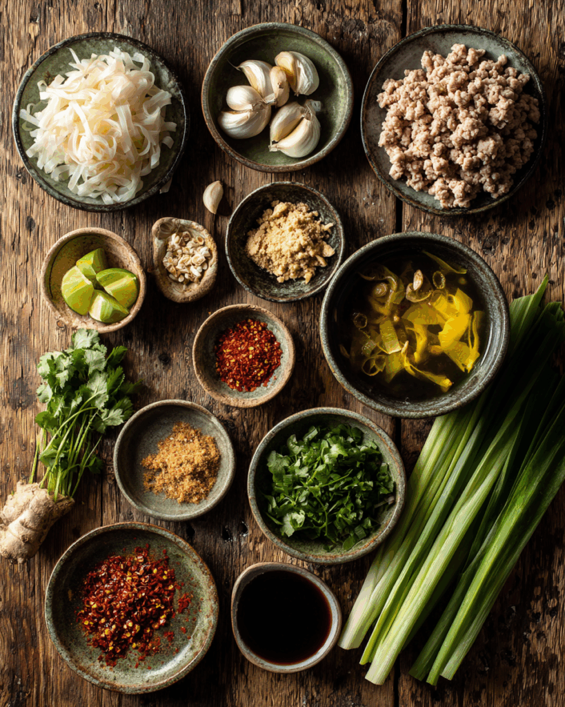 Thai Tom Yum Noodle Soup ingredients prepared on a table.