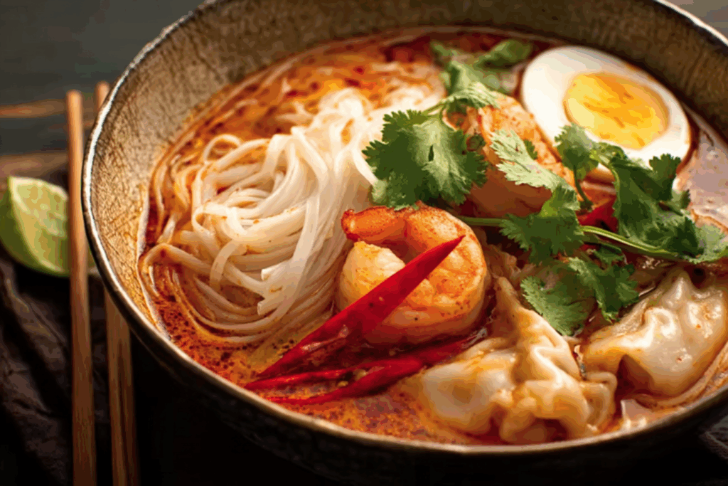 Thai Tom Yum Noodle Soup served hot with fresh herbs.